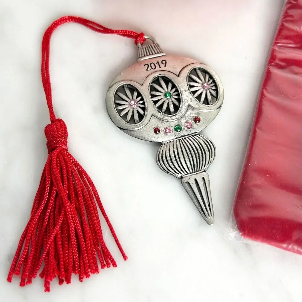 Avon 2019 Vintage Inspired Pewter Christmas Ornament Red Tassel Rhinestones Box